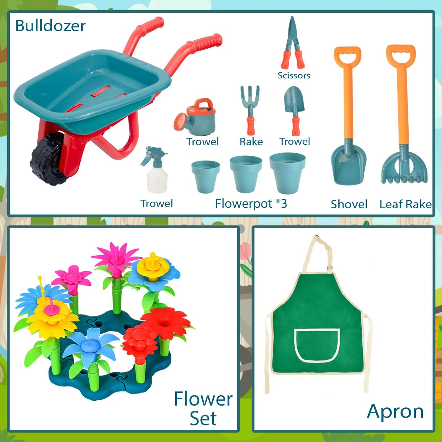 unanscre Gardening Tool Set for Kids, with Toddler Wheelbarrow, Watering Can, Spray Bottle, Double Rake, Shovel, Trowel, Pruner, Flowers Kit, Apron, Pretend Play Garden Toys for Age3+ Outdoor Yard