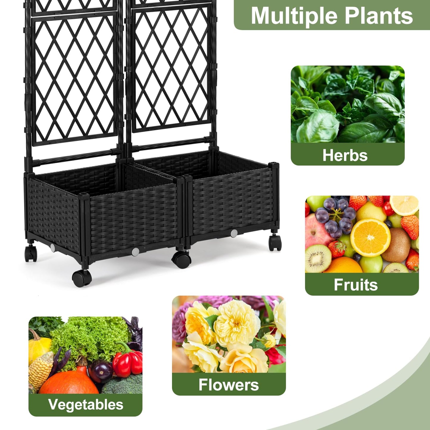 FOLLOOK Planter Box with Trellis, 4ft Tall Self-Watering Plastic Raised Garden Beds and Lattice Trellis with Lockable Wheels & Drain Plug for Outdoor Patio Backyard Balcony, Black, 2 Pcs