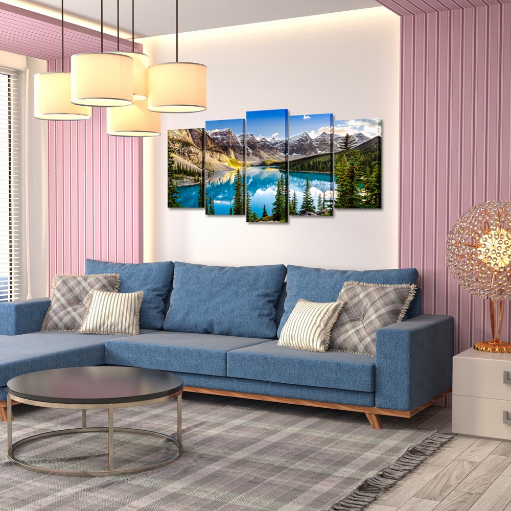 KREATIVE ARTS - 5 Pieces Canvas Prints Wall Art Canada Moraine Lake And Rocky Mountain Landscape Pictures Modern Canvas Painting Giclee Artwork For Home Decoration (Large Size 60x32inch)