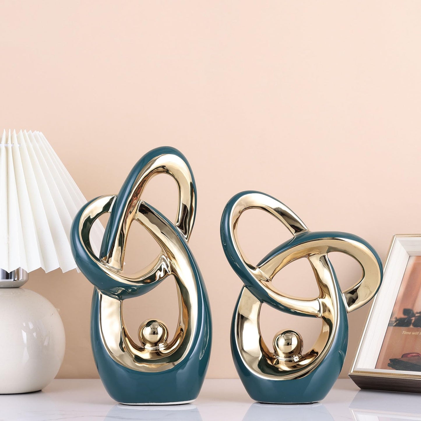 Teal Gold Modern Abstract Art Home Decor Accent,Statues Coffee Table Decor for Living Room,Table Centerpieces for Dining Room,Ceramic Sculptures and Gold Knick Knacks for TV Stand Decor (Green Gold)