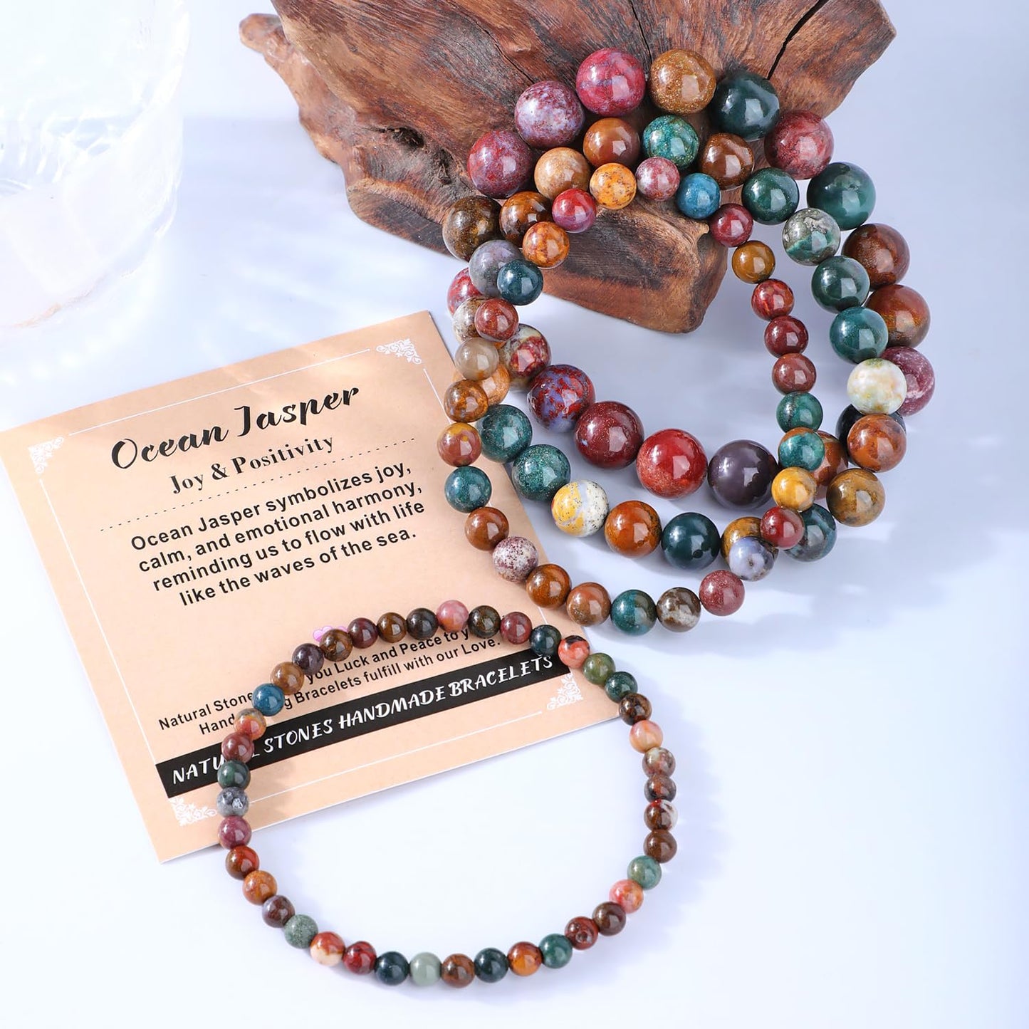 AD Beads 8mm Handmade Ocean Jasper Elastic Bracelet – Natural Gemstone for Joy & Positivity – Meditation, Yoga, Healing and Energy Gift for Men Women