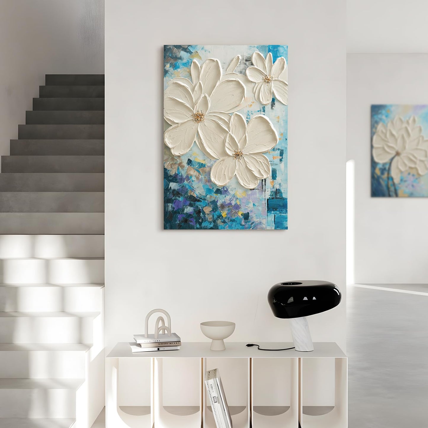JUHOME Hand-Painted Textured Flower Oil Painting Canvas Wall Art,24x36 In Abstract White Floral Artwork, Vertical Modern Original Wall Decor for Living Room Bedroom Office
