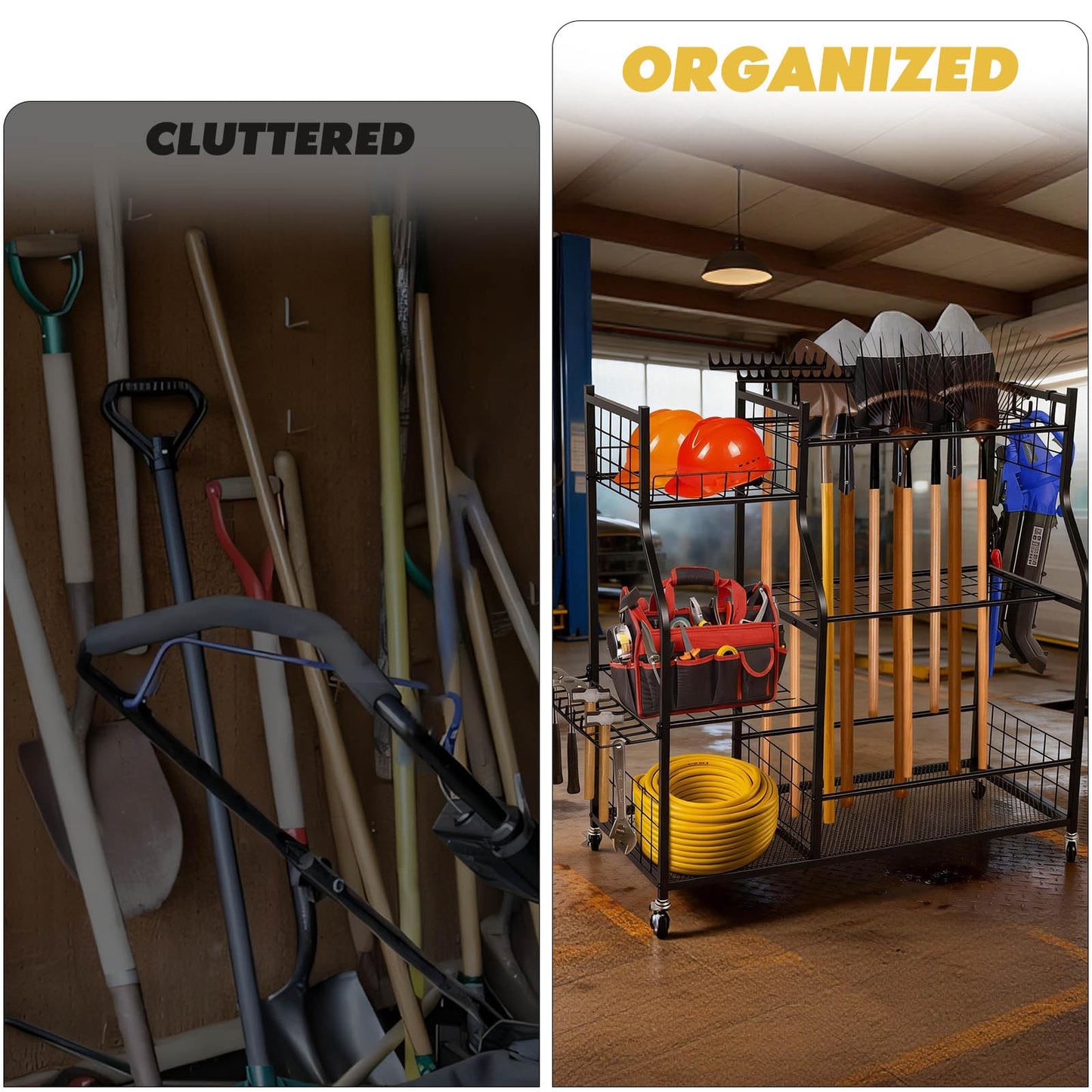 Garden Tool Organizer Rolling Cart Large Capacity Rust-Resistant Metal Tool Cart with Wheels Hooks Garage Shed Yard Outdoor Storage Rack Suitable for Long-Handled Tools/Rakes/Shovels