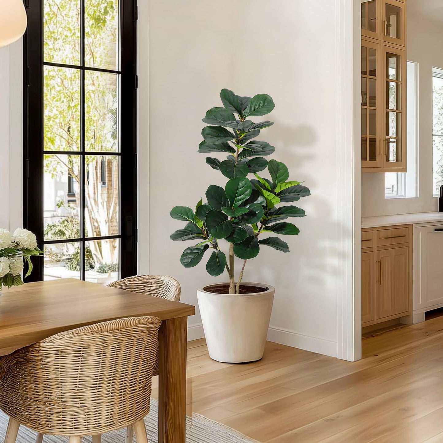 4 ft Fiddle Leaf Fig Tree Artificial with 48 Leaves - Realistic Faux Ficus Lyrata Trees in 7.8 in White Planter Pot, Indoor Fake Floor Plants for Home Office Living Room Decor, Housewarming Gift