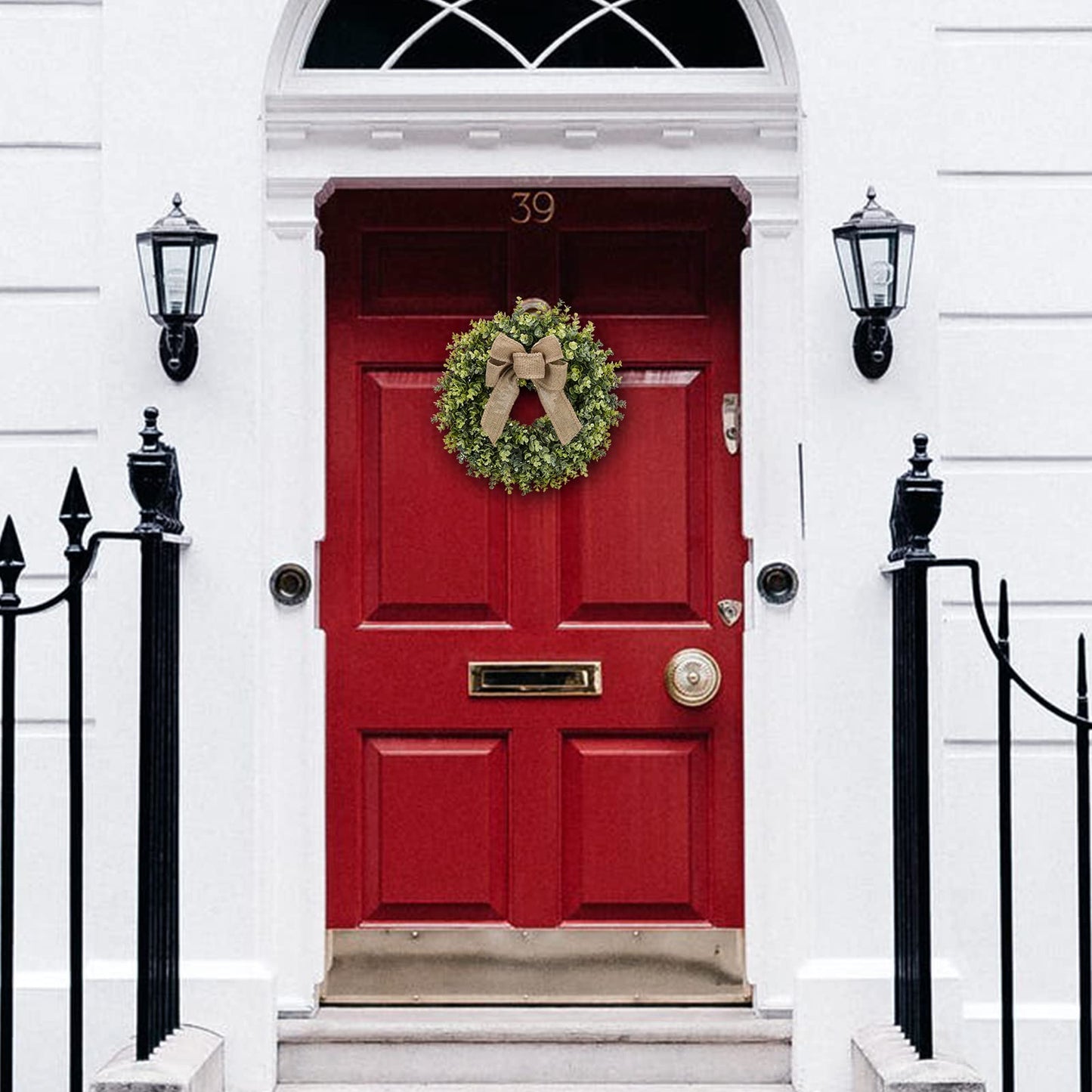 Pansu 19 Inch Boxwood Wreath, 3 Different Bows,Artificial Spring, Summer, Fall, or Winter Wreath ，Weatherproof Indoor/Outdoor Wreaths for Front Door