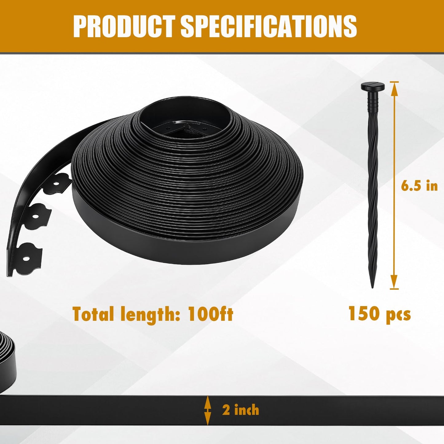Landscape Edging 2 Inch 100FT, Garden Edging for Landscaping with 150 Pcs Anchoring Spikes & 5 Connectors, Flexible Garden Border Edging for Landscaping, Yard Lawn, Flower Beds