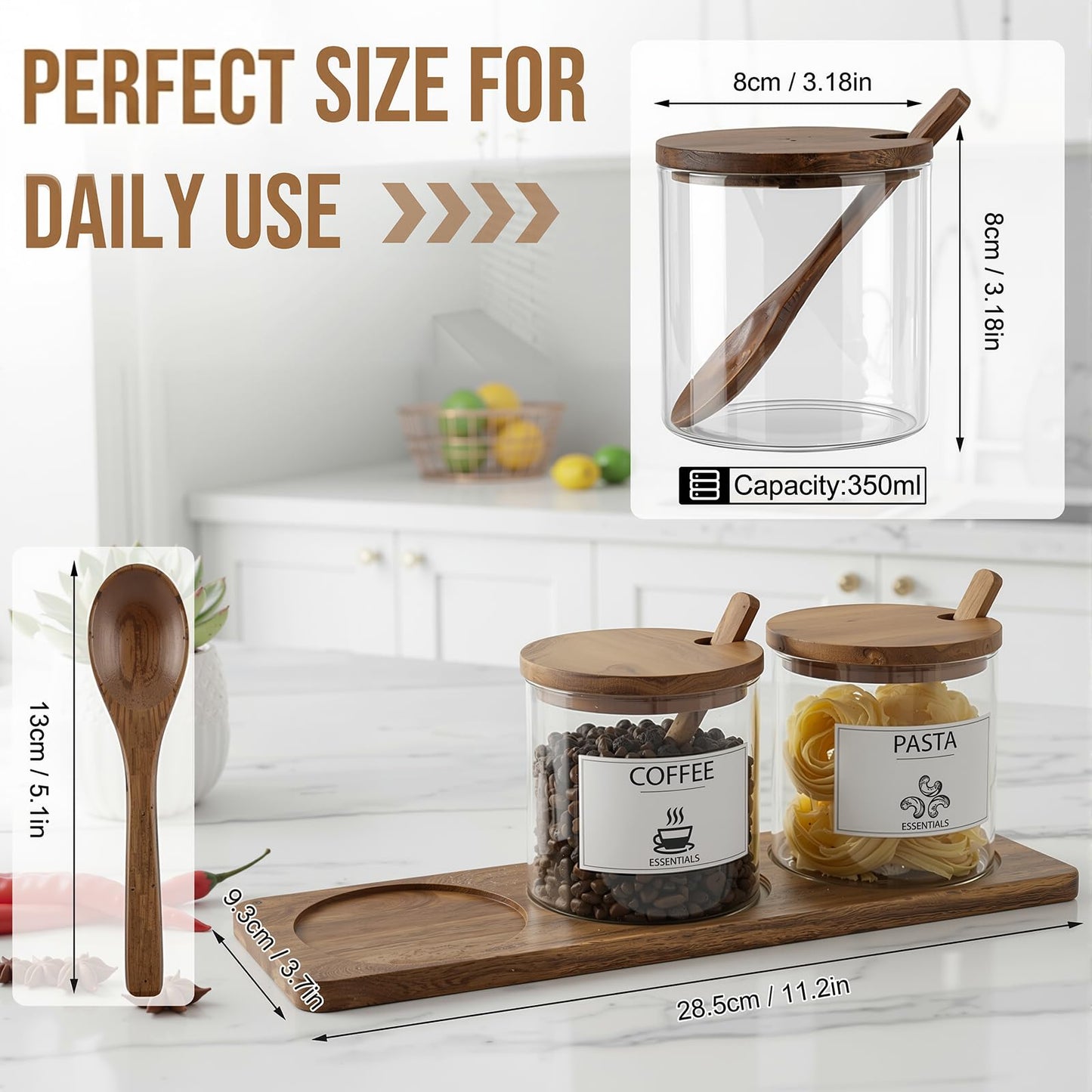 JEORGU 3 Pcs Glass Spice Jars with Acacia Wood Lids & Spoons, 350ml Seasoning Containers with Tray, Clear Sugar Salt Pepper Jars with 9 Labels, Classic Kitchen Countertop Storage Set (Acacia Wood)
