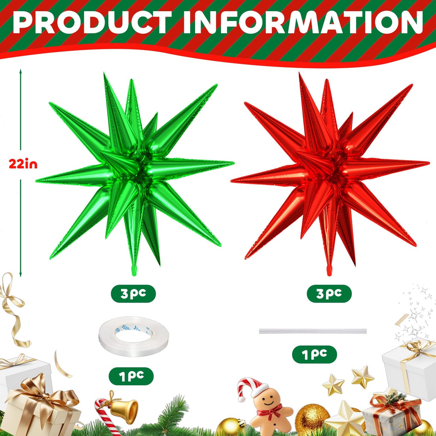 6PCS Star Balloons, 22 Inch Large Green Red Star Balloon Foil Balloons Christmas Party Balloon for Birthday Christmas Graduation Wedding Anniversary Party Backdrops Decorations