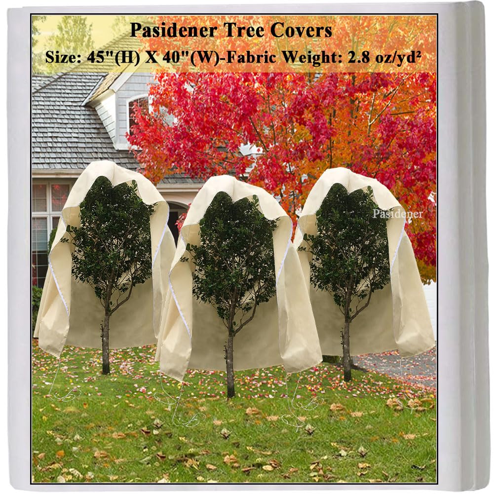 Pasidener Plant Covers Freeze Protection 2.8oz 3 Packs 45"x40" Winter Tree Covers Frost Blankets for Outdoor Plants with Zipper Drawstring- Frost Cold Pest Protection for Shrubs Fruit Tree