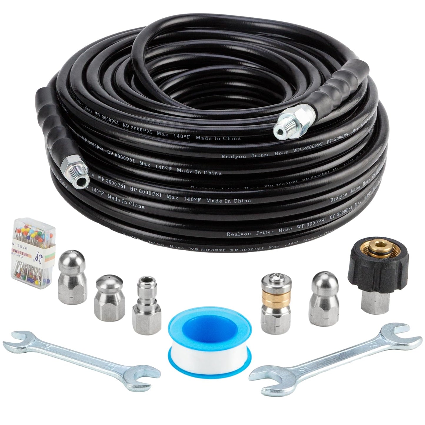 Sewer Jetter Kit 100FT for Pressure Washer, Pressure Washer Drain Jetter with 5800PSI Cleaner Hose 1/4 Inch NPT, Corner, Rotating & Button Nose Sewer Jetting Nozzle Spanner Waterproof Tape Pearl Pin