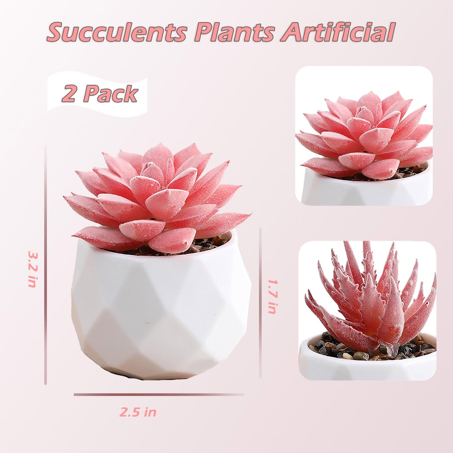 HVEST 2 Pcs Succulents Plants Artificial with Pot Small Fake Potted Plants Artificial Decor Pink Faux Plants for Living Room Bedroom Office Desk Bookshelf Bathroom Decor Artificial Plants