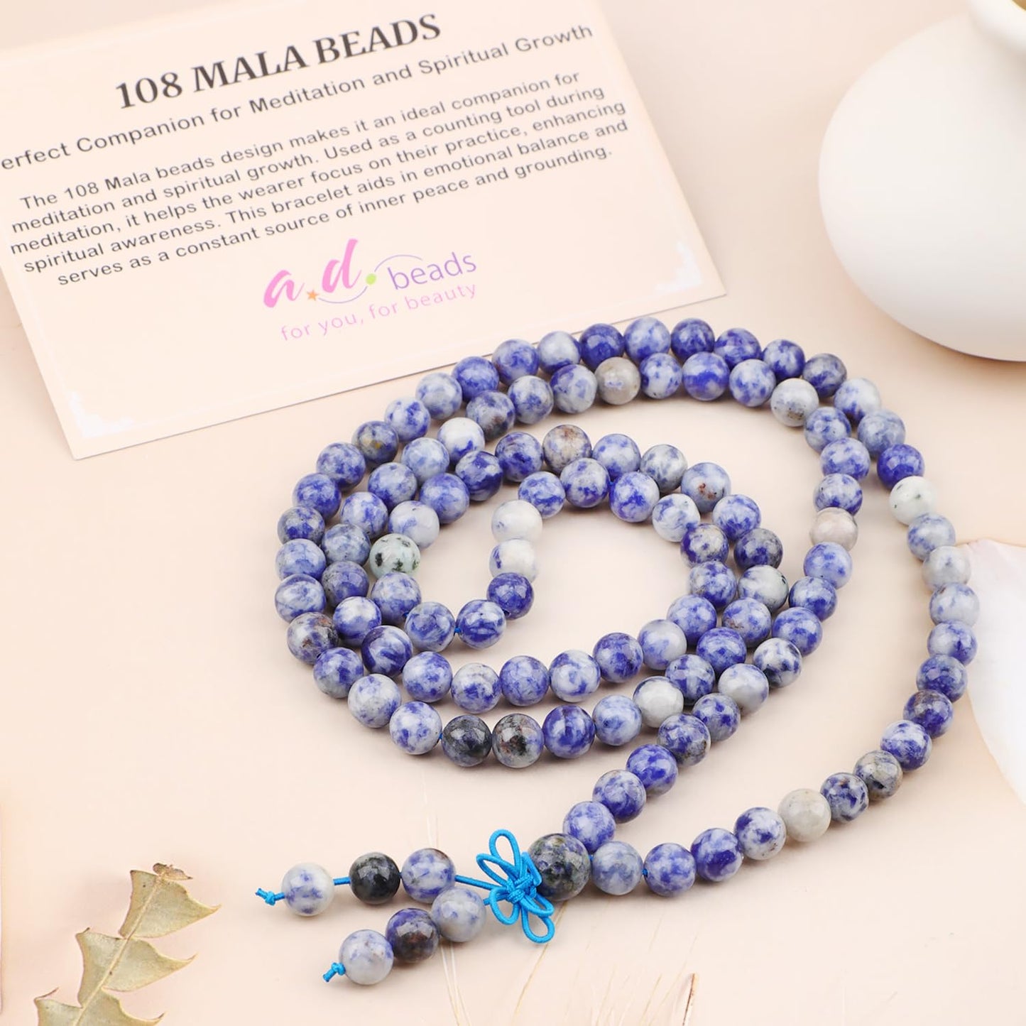 AD Beads 8mm 108 Prayer Mala Blue Spot Jasper Elastic Bracelet - Calmness and Creativity - Handmade Yoga Meditation Healing Power Energy Gifts for Unisex Adult.