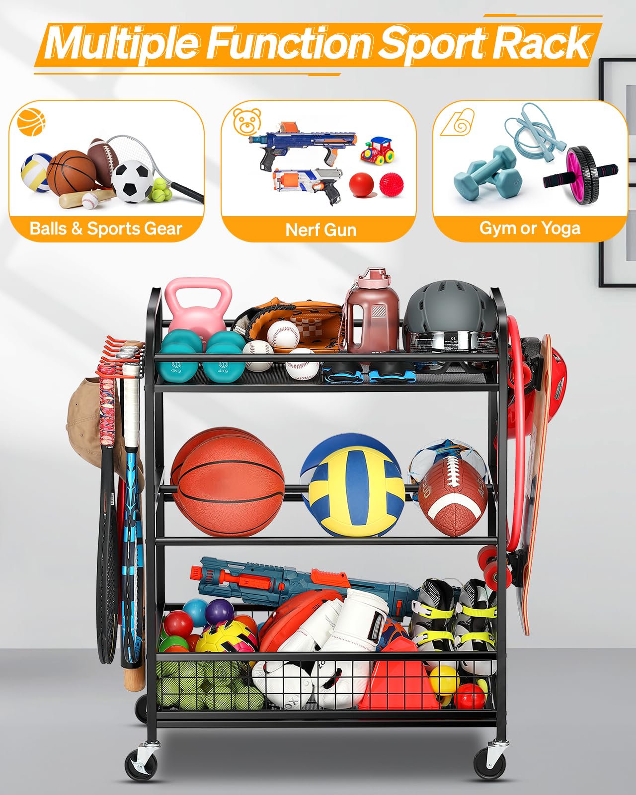 EXTCCT Ball Storage Sports Equipment Organizer - Garage Storage Cart Rolling Ball Storage Rack with Hooks Wheels Outdoor Indoor Gym Gear Toy Holder Bin for Basketball, Baseball, Soccer