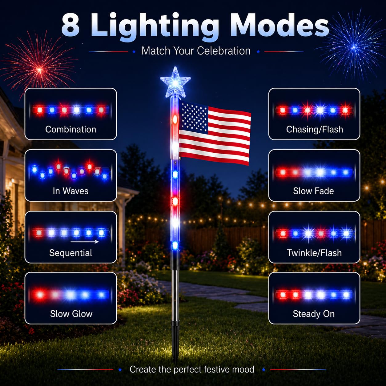 8 Pack Solar American Flag Pathway Lights, Patriotic Red White Blue Outdoor Stake Lights, Waterproof Solar LED Yard Garden Decorations for 4th of July, Independence Day