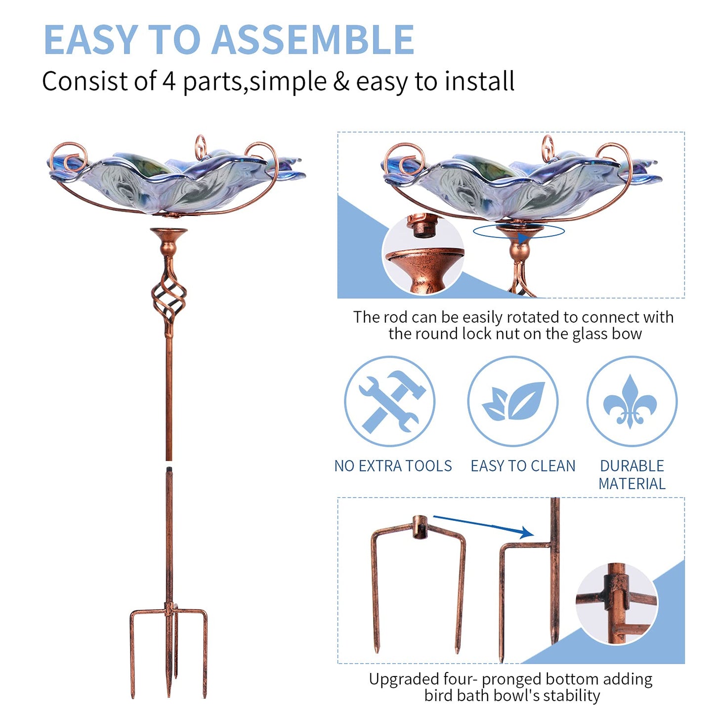 VCUTEKA Glass Bird Bath Outdoor BirdBath Bird Feeder with Metal Stake Garden Decor