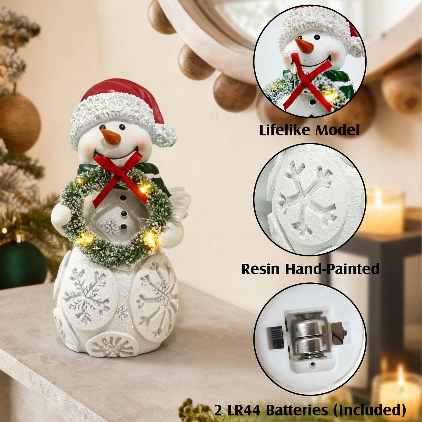 LFLKPY Snowman Christmas Decorations Set of 2 with LED Lights, Resin Light Up Snowman Figurines with Tree & Wreath, Battery Operated Holiday Tabletop Decor for Xmas Home, Mantel, Shelf, Gift