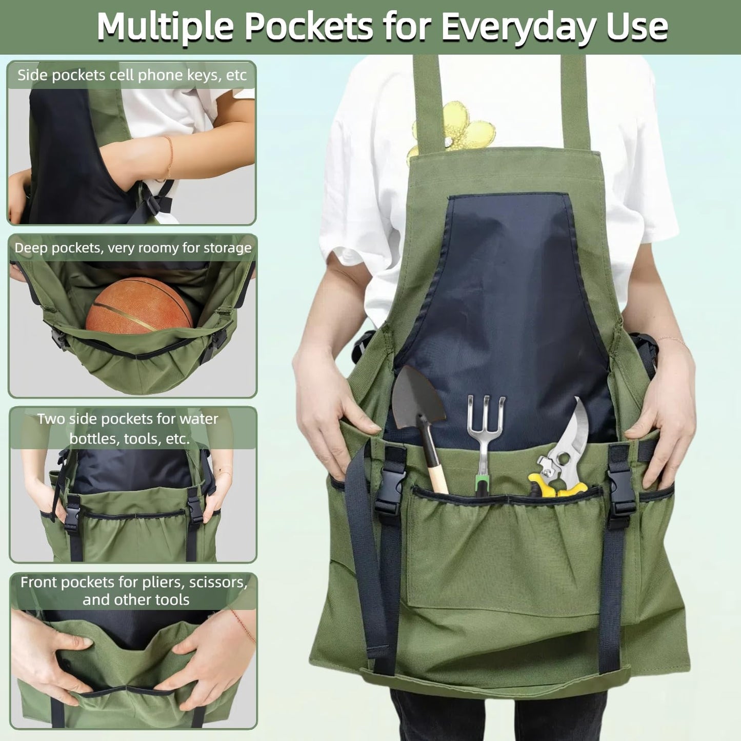 Silanit Garden Apron with Green Gloves-Adjustable Waist, Water-Repellent Gardening Apron with Pockets for Gardening and Kitchen Tasks