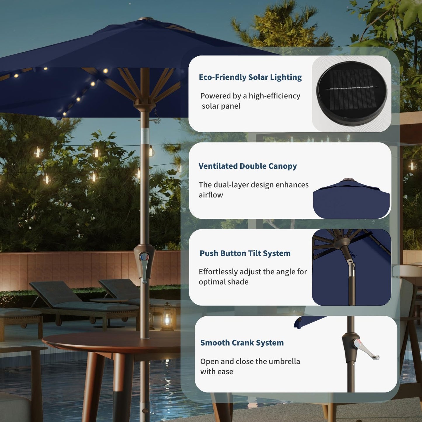 Patio Kingdom 9FT Solar Umbrella 32 LED Lighted Patio Umbrella Table Market Umbrella w/Tilt and Crank, UV-Resistant Outdoor Umbrella for Pool, Garden, Deck, Navy Blue