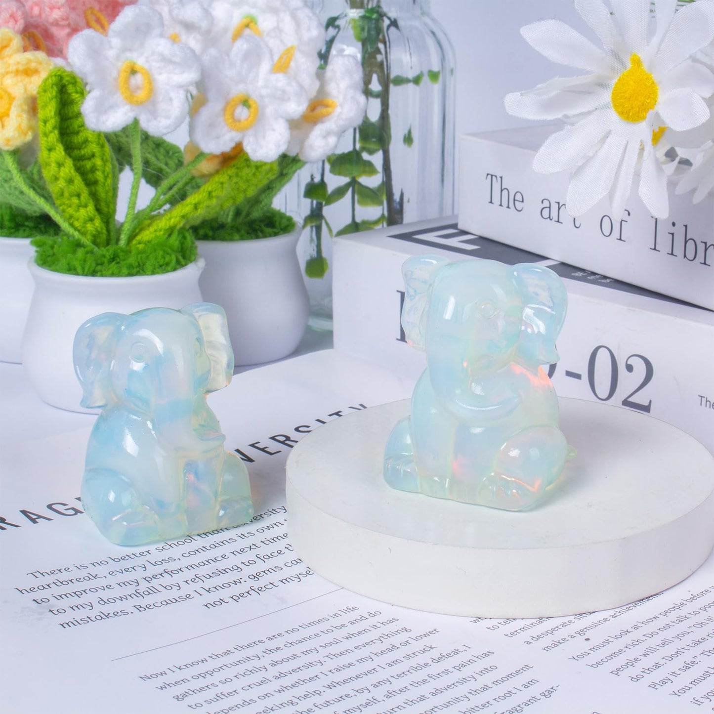 Ytbeoxk 2 Inch Crystal Elephant Decor Statues, White Opalite Cute Sitting Elephant Figurines, Reiki Healing Crystal Carved Animal Statues, Home Office Desk Hand Carved Decor Gifts for Women