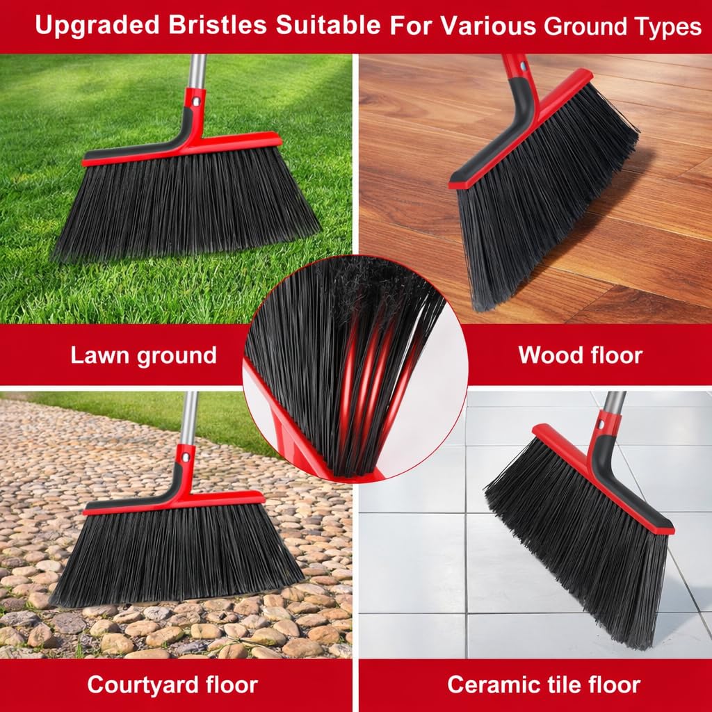 Heavy Duty Angle Broom with 58″ Long Handle, 14″ Wide Stiff Bristles for Indoor & Outdoor Sweeping, Garage, Patio, Deck, Concrete & Debris Removal