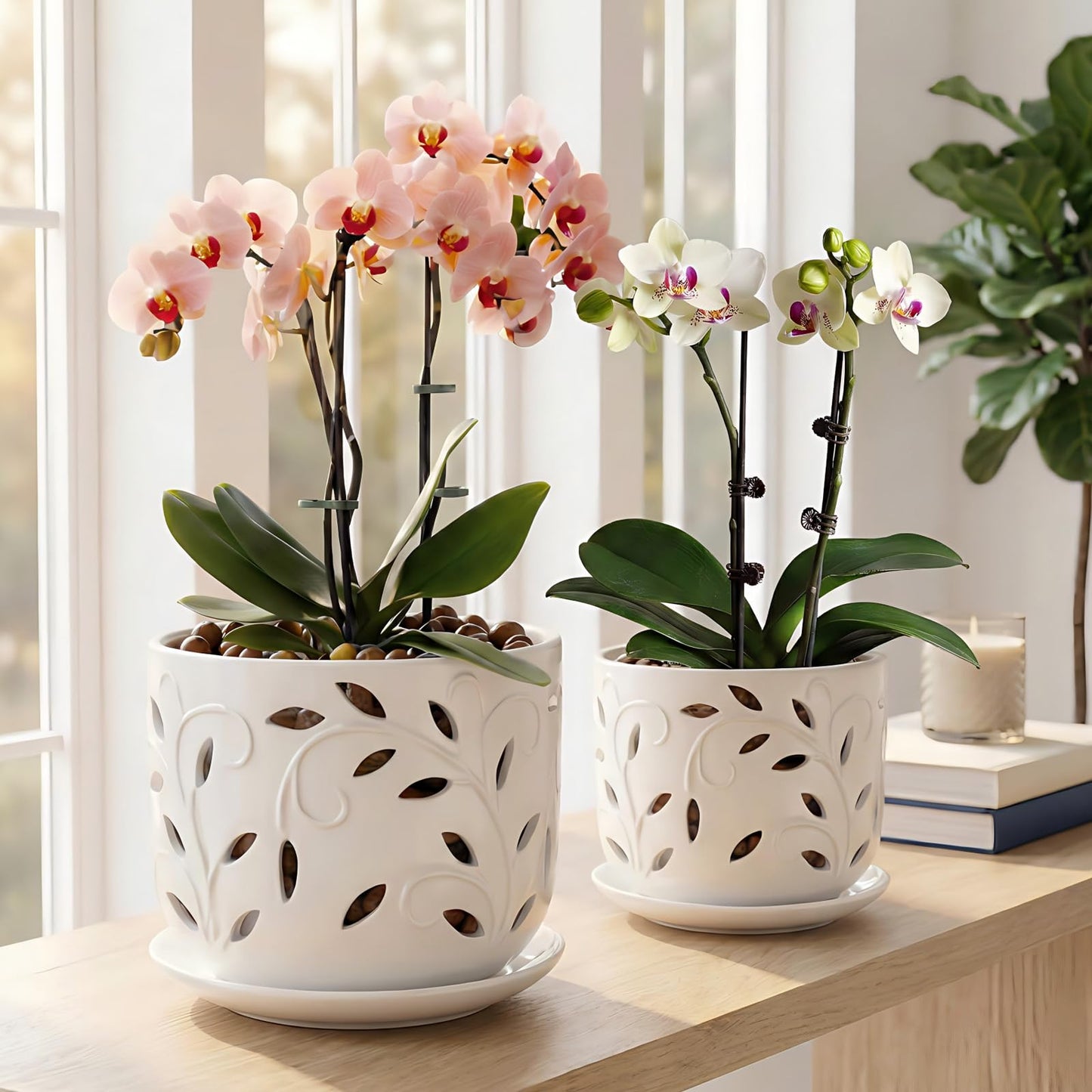 EFISPSS Ceramic Orchid Pots 5+6 Inch White with Drainage Holes & Tray, Breathable Airflow, Indoor & Outdoor