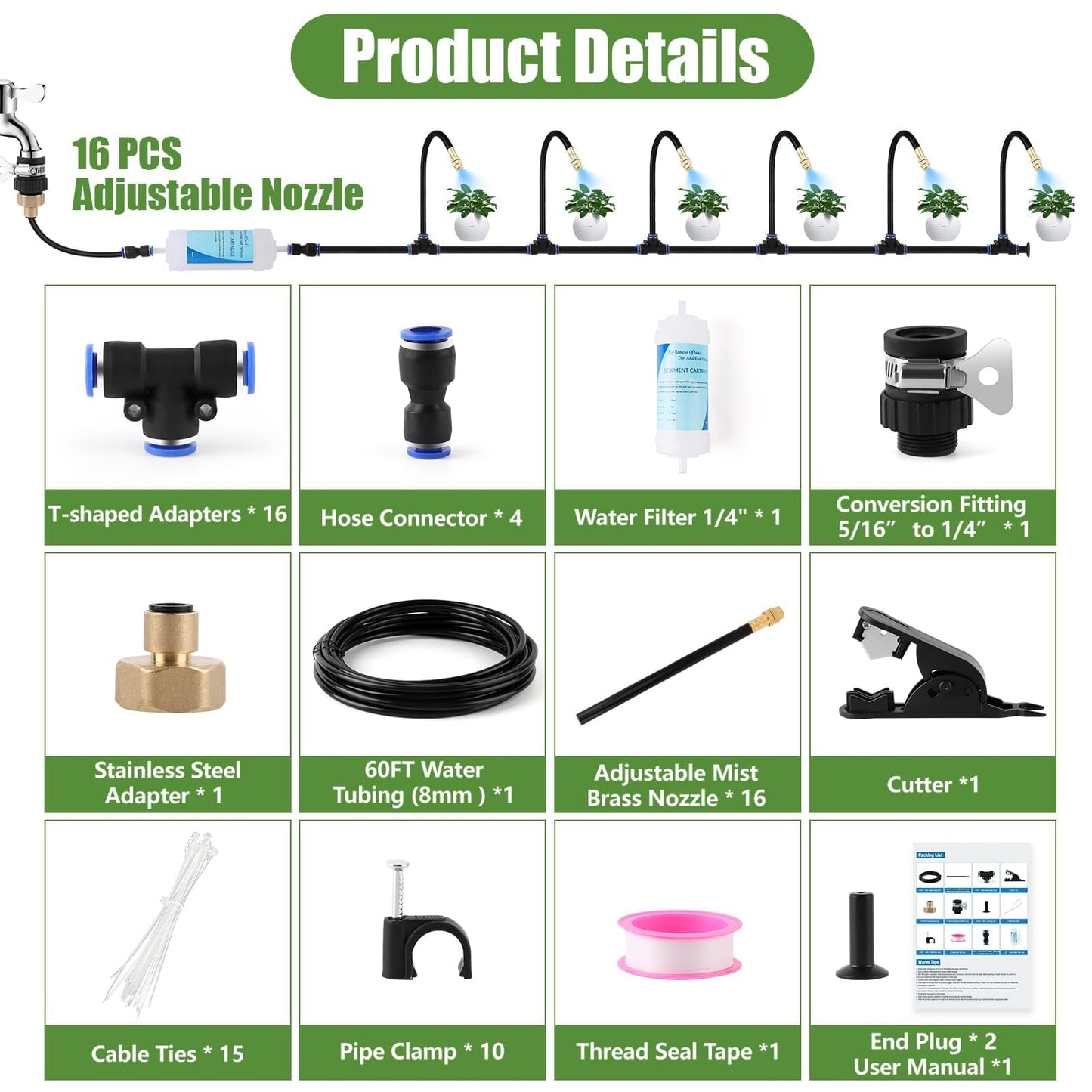 Kalolary 1/4" Drip Irrigation System, Garden Watering System with 16pcs Adjustable Copper Nozzles Automatic Atomizing Watering Sprinkler System for Yard Lawn Outdoor Irrigation