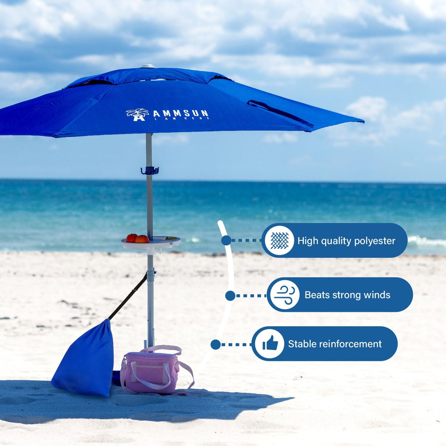 AMMSUN 8ft Large Beach Umbrellas for Sand Heavy Huty Wind Portable Commercial Grade Patio Beach Umbrella with Sand Anchor Adjustable Height Air Vent UPF 50+ Telescoping Pole without tilt Dark Blue