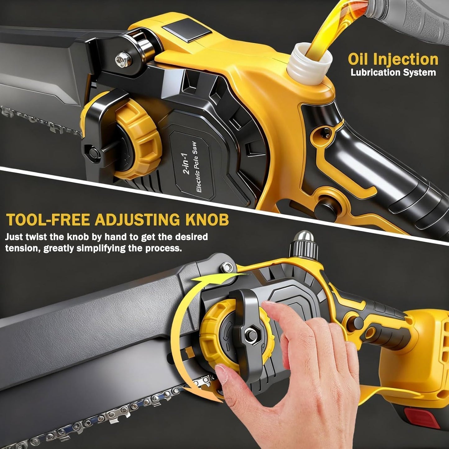 2-in-1 Cordless Pole Saw for Tree Trimming, Brushless Electric 8-Inch Mini Chainsaw with 2 x 4000mAh Battery Powered, Angle Adjustable / 16-Foot MAX Extension Pole, Branch Cutter Pruner