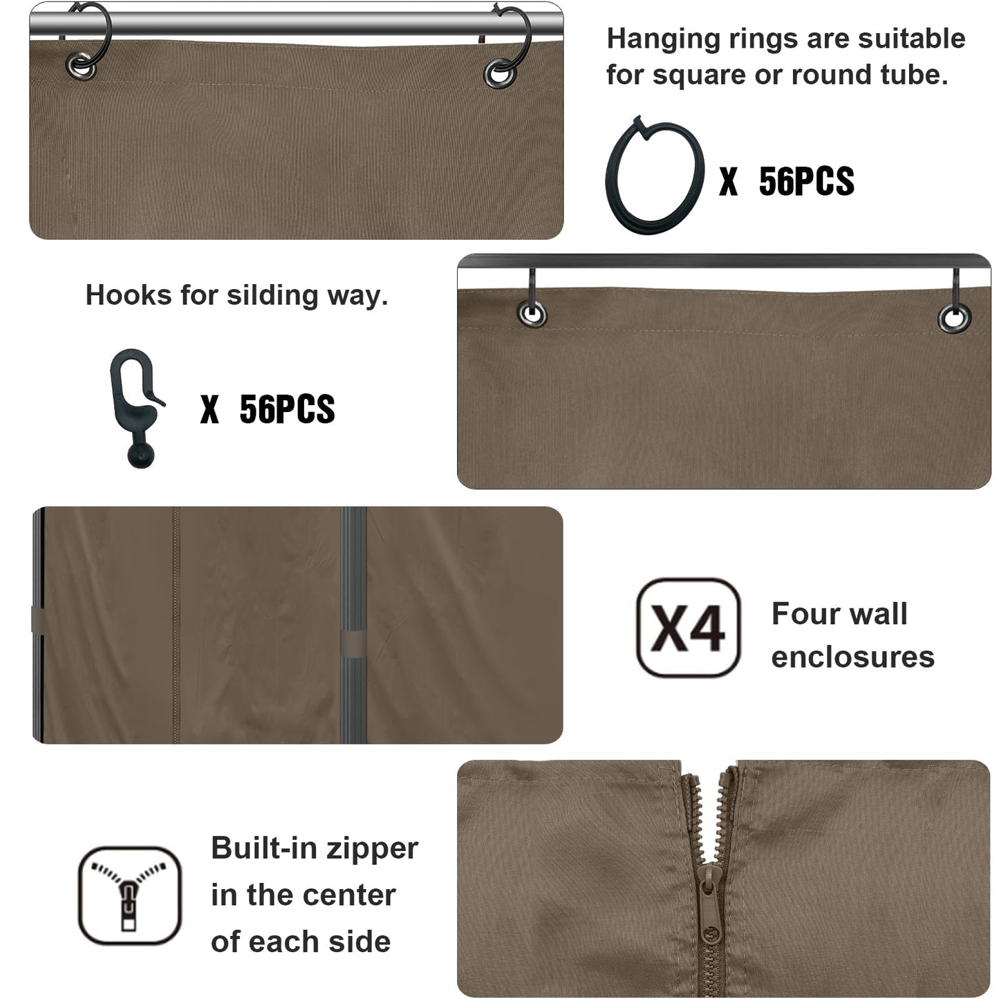Mogtuo Gazebo Curtains 10'x10' Outdoor Waterproof, 4-Panels Sidewall Curtains Universal Replacement with Zipper for Patio, Backyard, Garden (Brown, 10'x10')