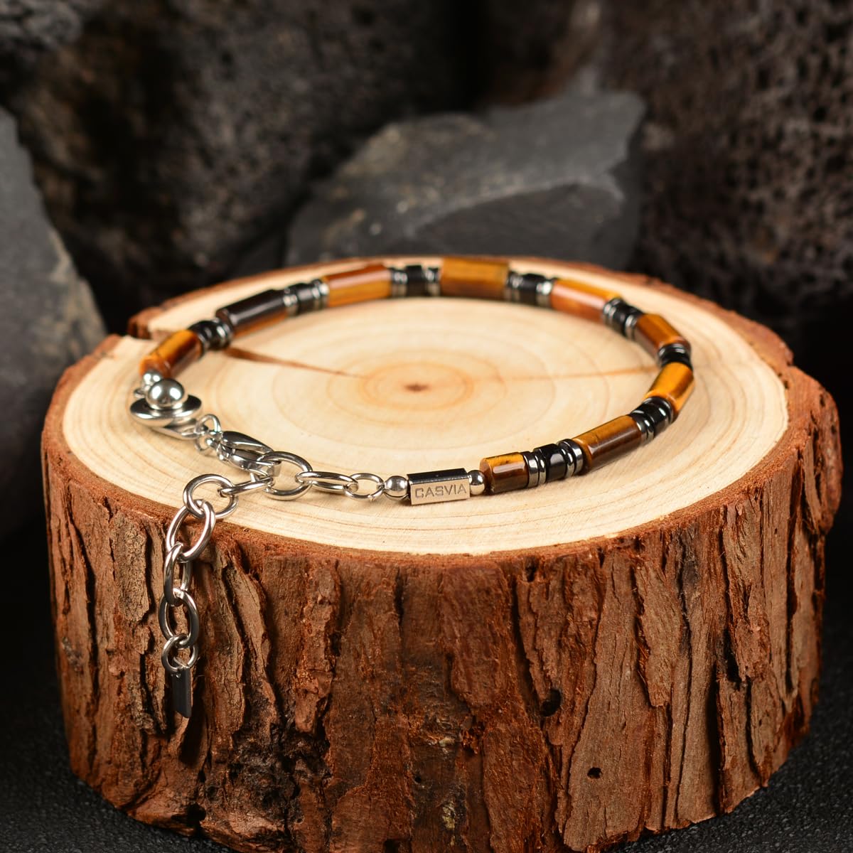 Casvia Men’s Beaded Tiger Eye Gemstone Bracelet - Handcrafted Original Design, Hematite & Obsidian Accents, Adjustable Stainless Steel Dual-Clasp, Thickened Steel Wire, 6.89–8.8 Inch, Gift for Men