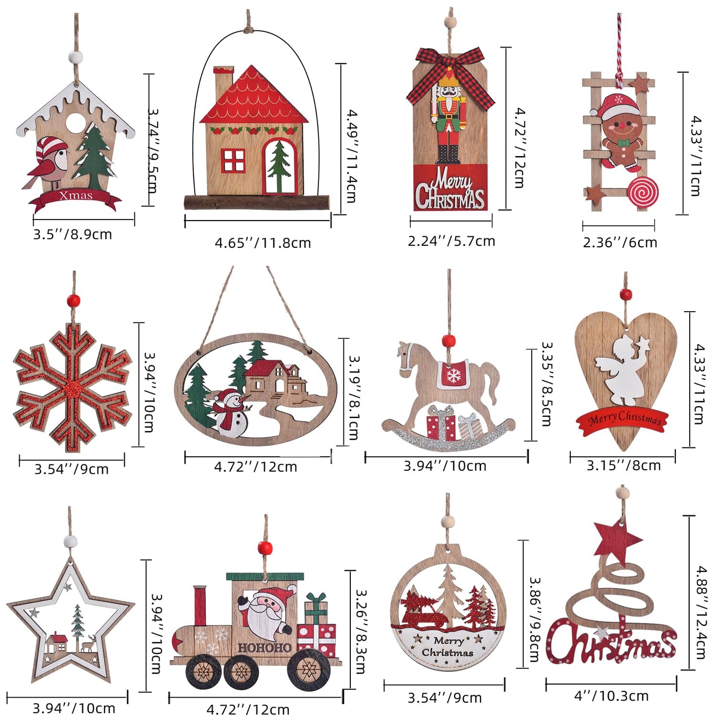 IDATOO Christmas Ornaments, 12 PCS Wooden Christmas Tree Decorations, 3D Rustic Farmhouse Christmas Ornaments Sets Holiday Hanging Decor Keepsake for Party Holiday Home Decor (12pcs Red)