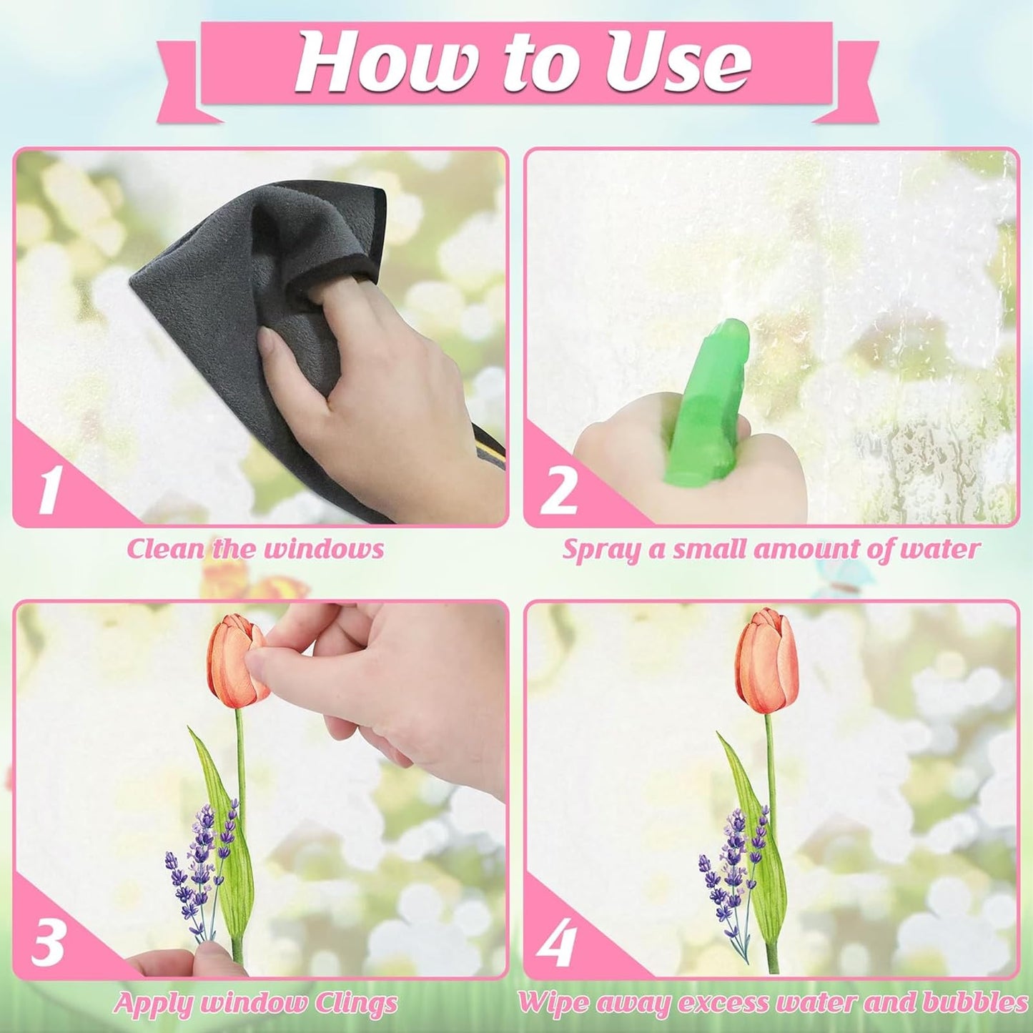63PCS Spring Window Clings, 10 Sheets Reusable Window Stickers for Glass with Hummingbirds Butterflies Tulip Flowers,Spring Summer Window Decor