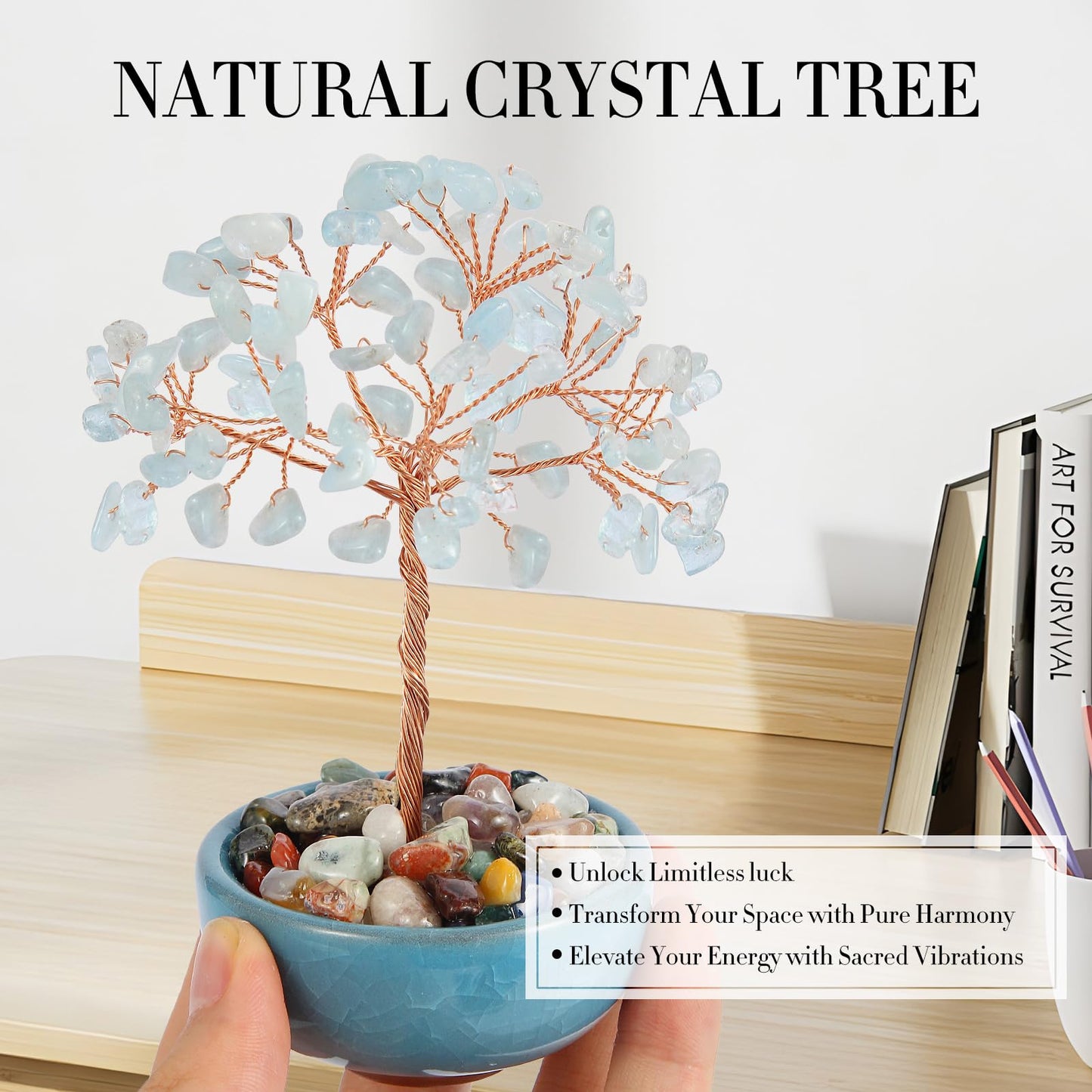 Handcrafted Aquamarine Abundance Tree with Ceramic Base,5 Inch Natural Crystal Feng Shui Bonsai for Prosperity,Harmony & Energy Flow,Premium Healing Stone Decor for Home & Sacred Spaces