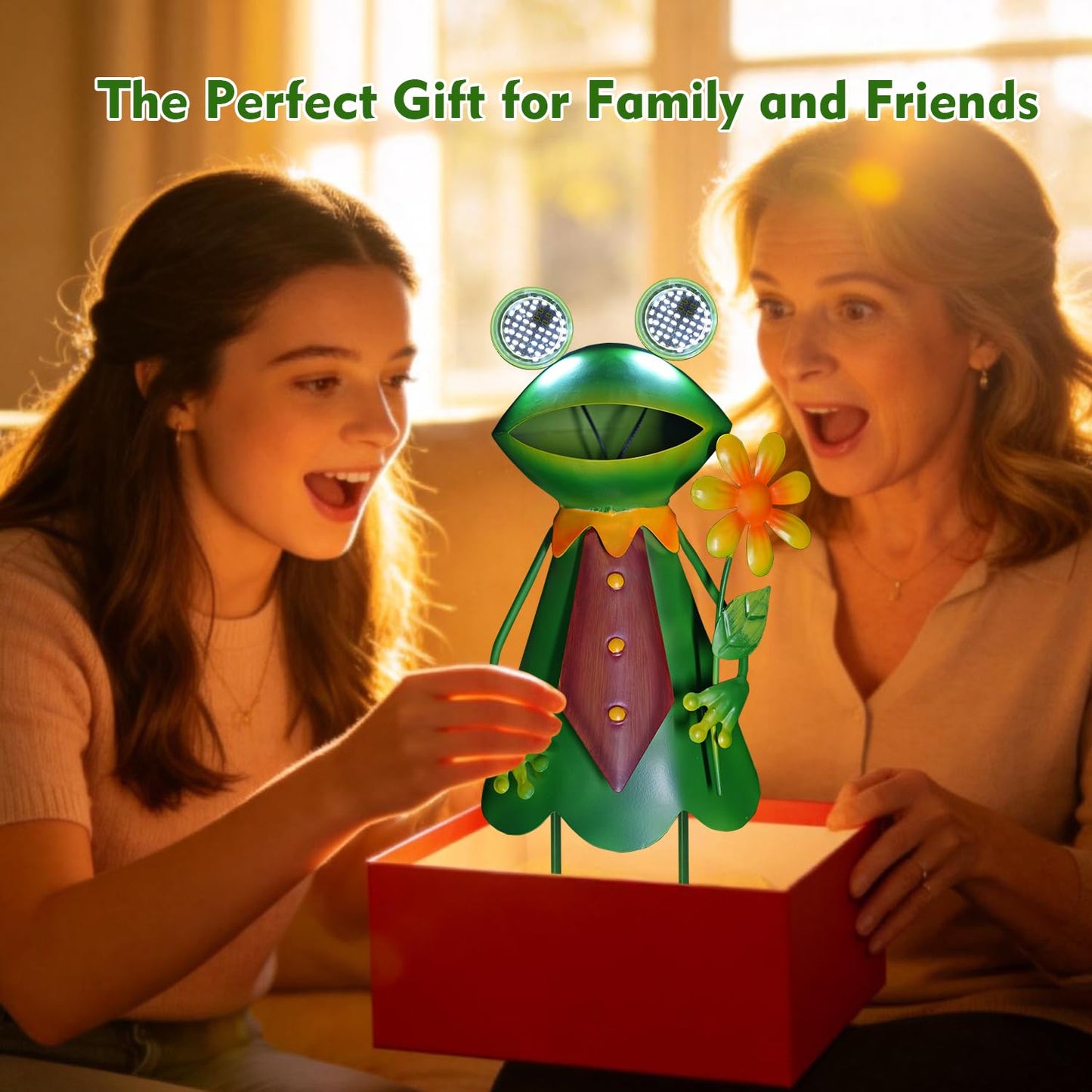 HONGLAND Solar Frog Garden Statue with Blinking LED Eyes, 21“ Metal Frog Yard Decorations Outdoor for Patio Backyard Garden Decor, Unique Birthday Housewarming Gifts for Women Mom Grandma