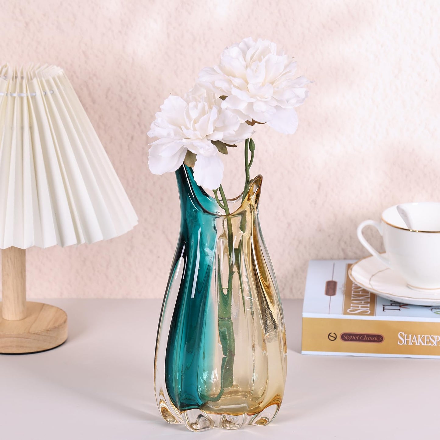 Hand Blown Glass Flower vases,Unique Wide-Mouth Vase,Modern Turquoise Glass Art Decor,for Home Living Room, Office, Table centerpieces, Bookshelves and Wedding Decorations (9.8inch H)