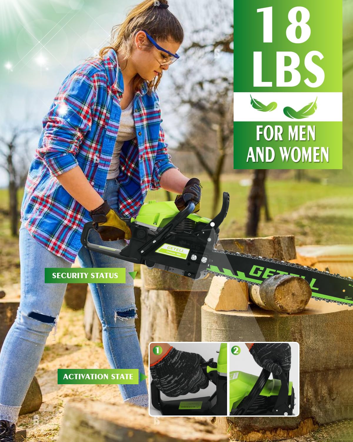 Snoonwee Gas Powered Chainsaw with 20 and 18 Inch Bar Dual System, 58cc 3.6 HP Professional 2-Stroke Engine, Easy Start and Anti-Vibration for Farm Ranch or Heavy Duty Wood Cutting (Green Black)