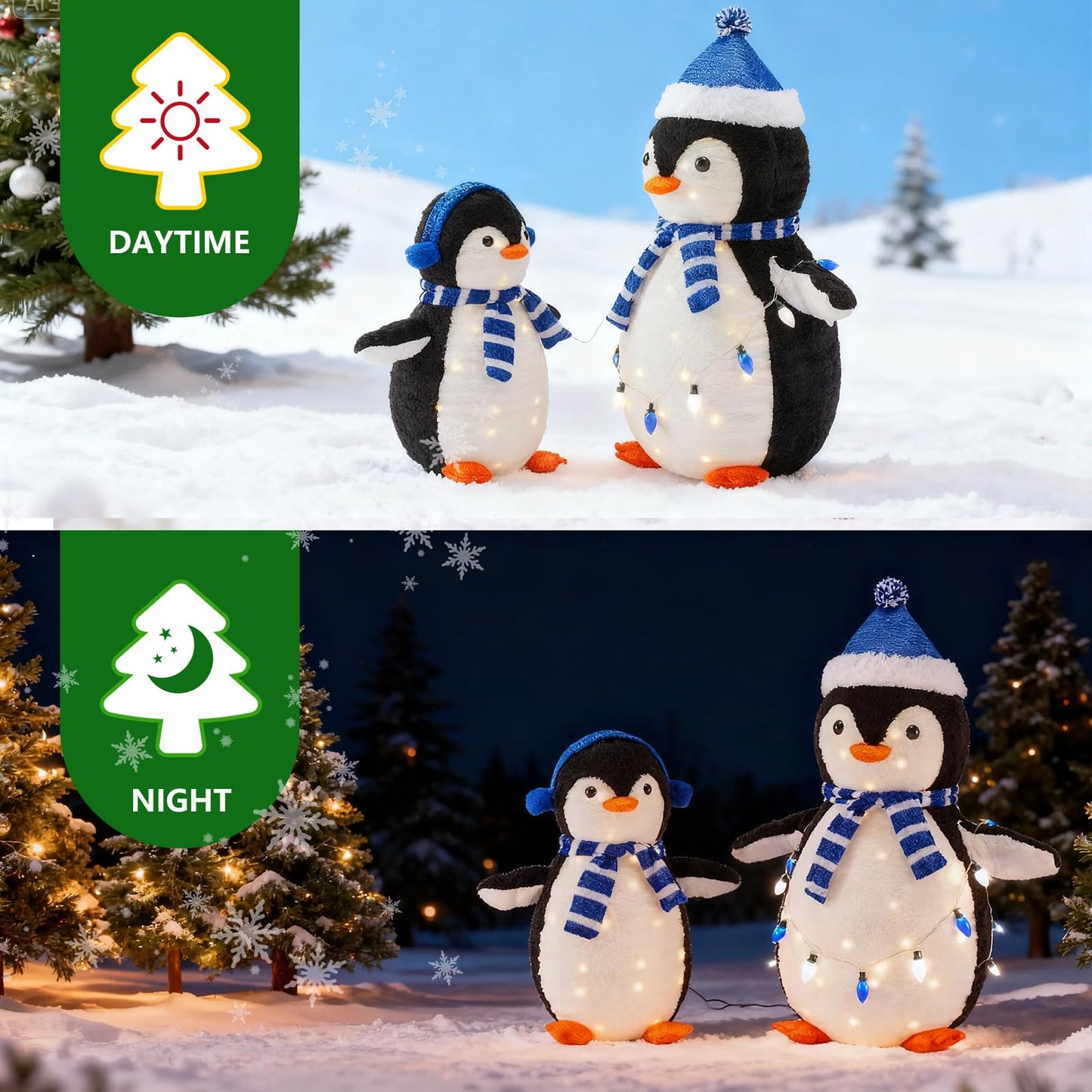 DUMOS 2-Piece Lighted Penguin Family Outdoor Christmas Decoration, Pop up Holiday Decor with 150 LED Lights for Yard, Garden, Storefront, White&Blue