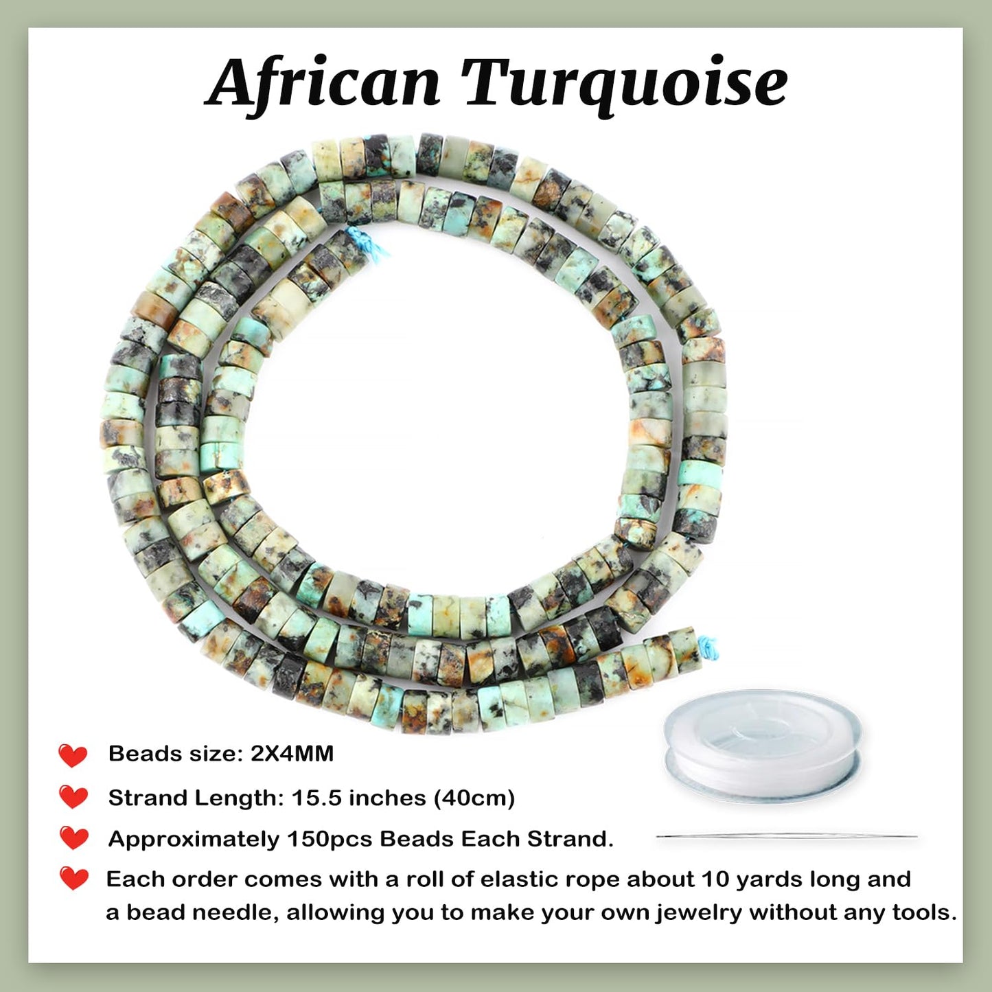 Natural African Turquoise Heishi Spacer Beads Loose Semi Precious Flat Round Gemstone Disc Shape Stone for Beading Jewelry Making 4x2mm 15.5"