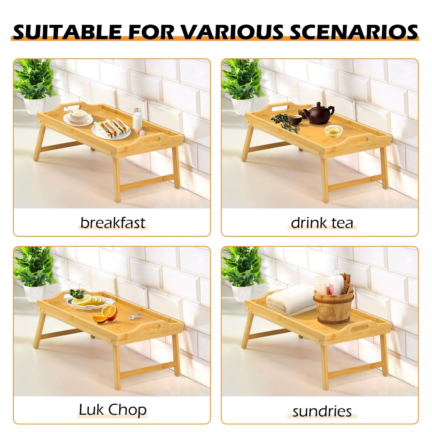 2 Pack Bamboo Bed Tray Table, Folding Legs and Handles, Breakfast Tray, Laptop Desk for Bed or Sofa, Serving Tray for Eating, Working, Reading,Picnic