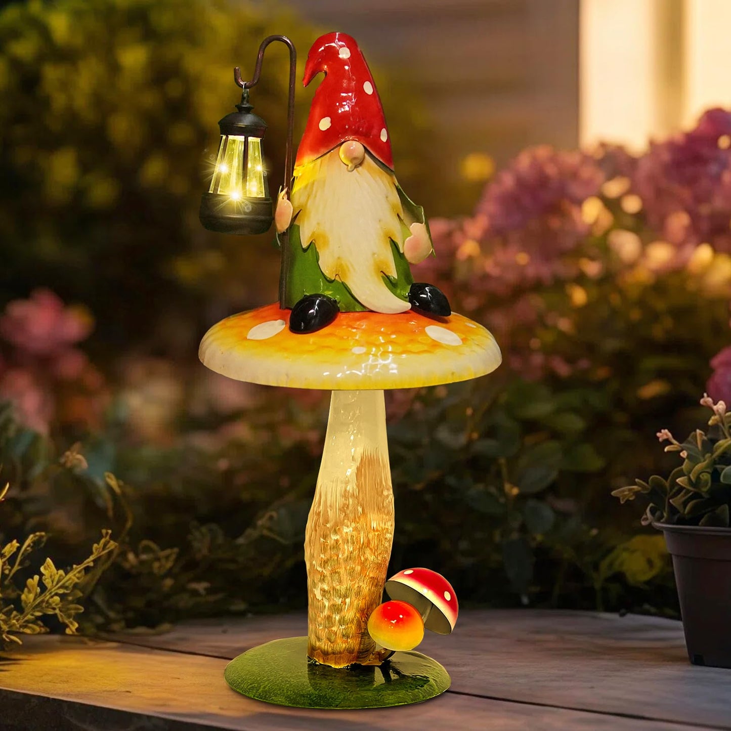 HONGLAND Solar Garden Gnomes Outdoor Statue, Waterproof Outdoor Mushroom Decor with Solar Lantern LED Lights for Yard, Patio, Lawn Ornaments, Ideal Gifts for Mom Grandm, Housewarming Gifts-16.5"