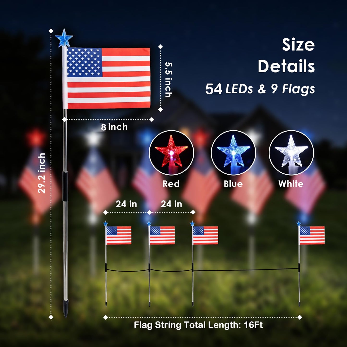 American Flag for Outside 4th of July Decorations, 9-Pack Solar Red White Blue Lights for Garden Yard Pathway, Waterproof Patriotic Decorations for 250th Anniversary, Memorial Day, Independence Day