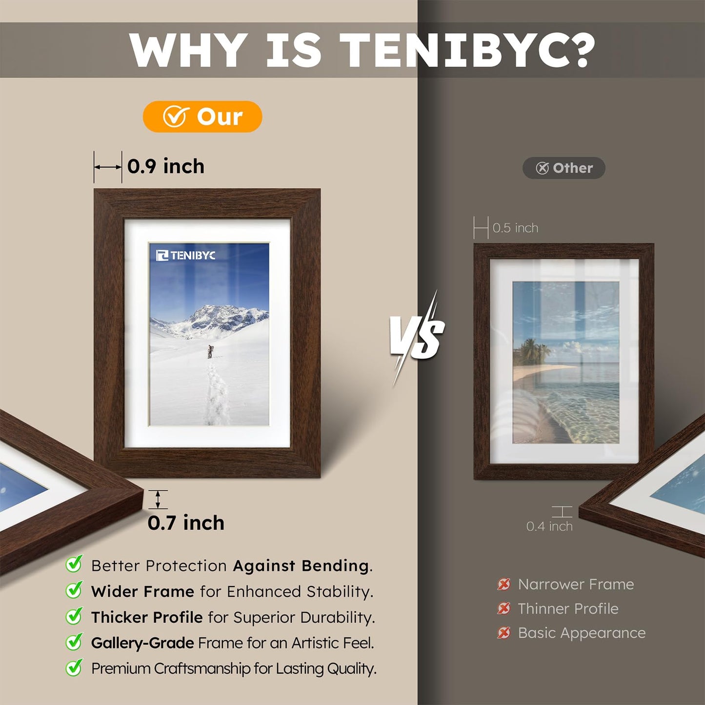 TENIBYC 8x10 Picture Frame Set - 4 Pack, Brown Solid Wood Photo Frames - Tempered Glass - Displays Photos 5x7 with Mat or 8 x 10 without - Room, Office, Gallery, and Hallway Decor - Wall Hanging