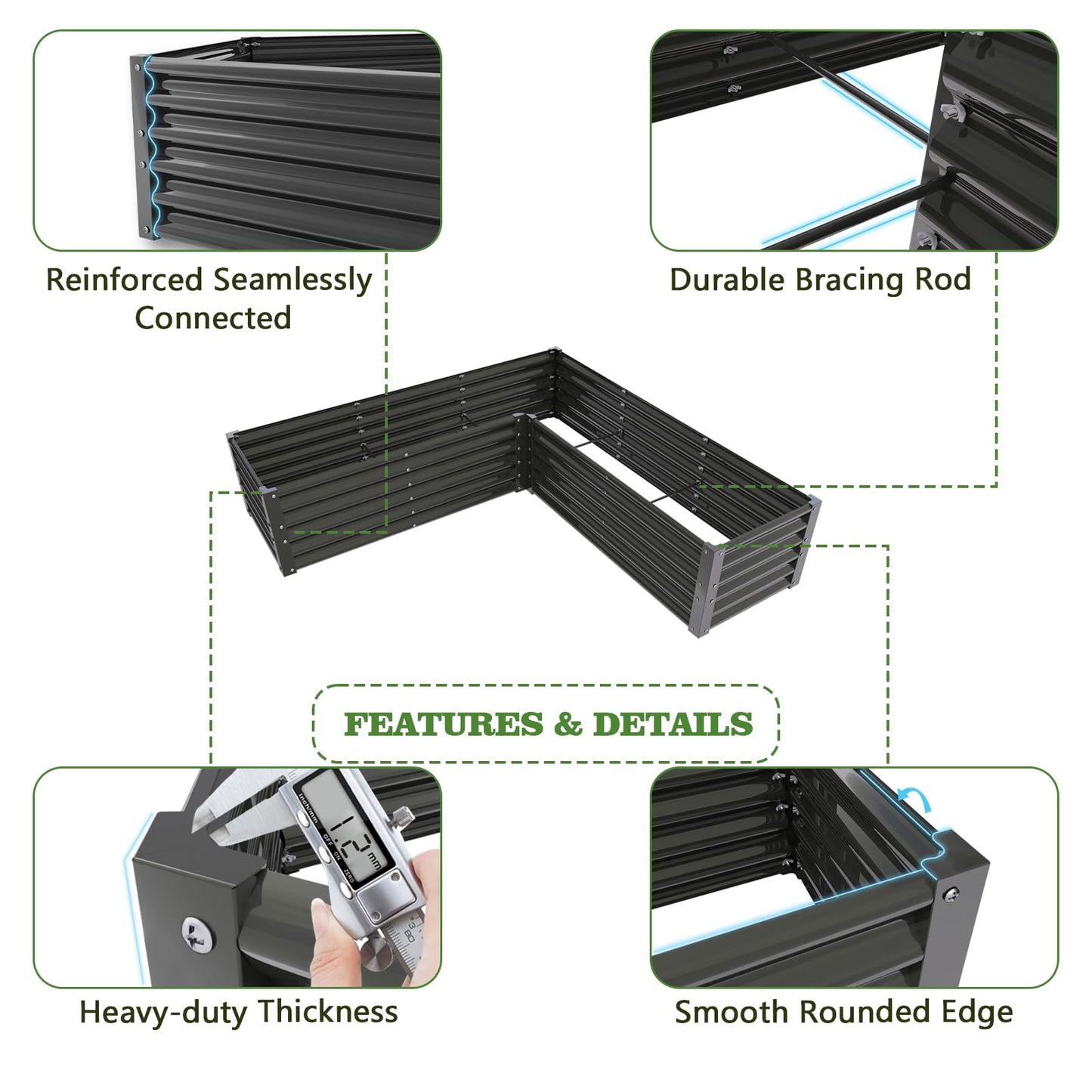 A ANLEOLIFE 12-Piece 18 Inch Tall Raised Garden Beds Kit, L-Shaped, Square & Rectangular Metal Planters for Flexible Backyard Layouts, Quartz Grey