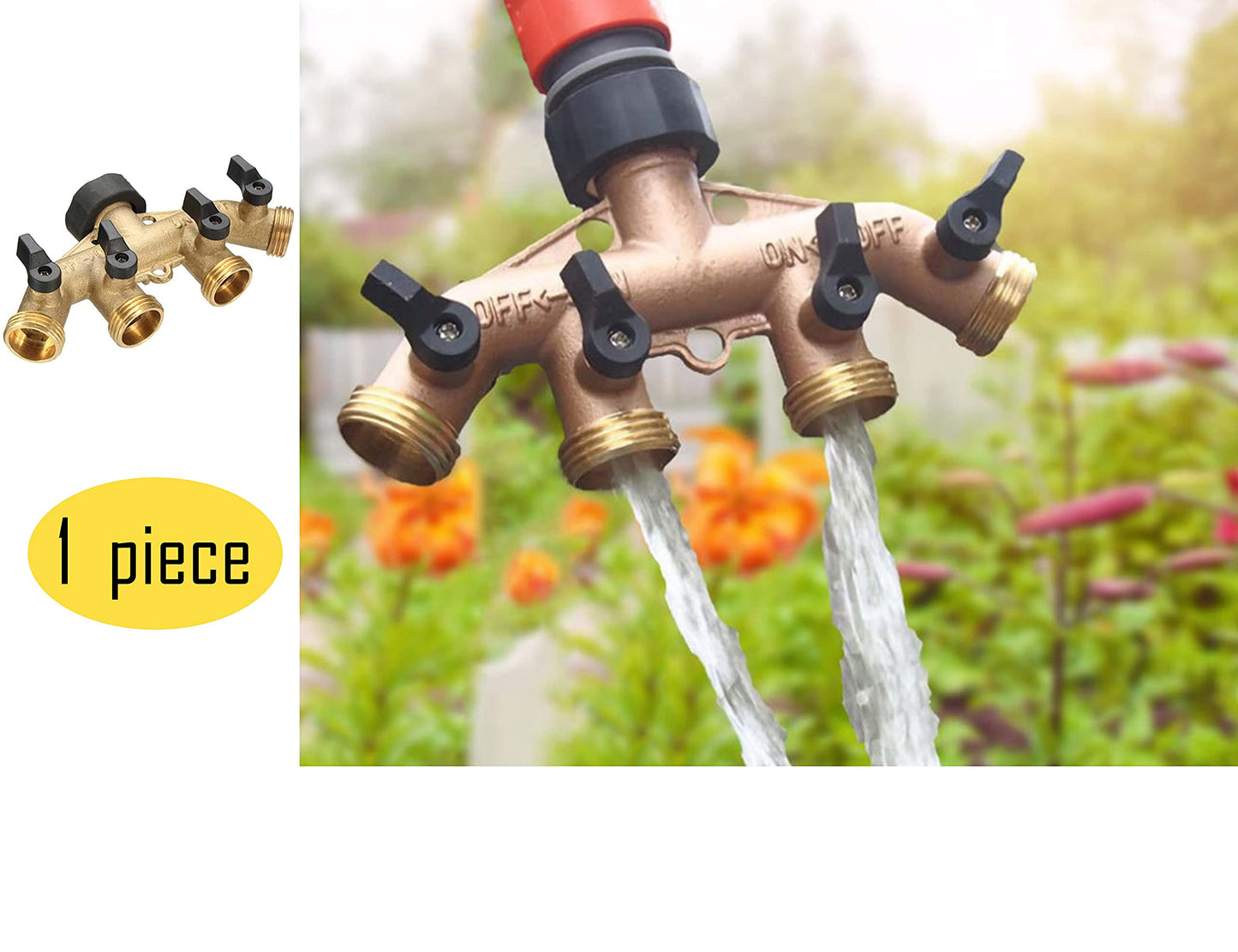 LBY 4 Way Brass Hose Splitter, 3/4" Hose Faucet Manifold, Garden Hose Connector, Tap Splitter, Solid Brass (Golden Yellow)