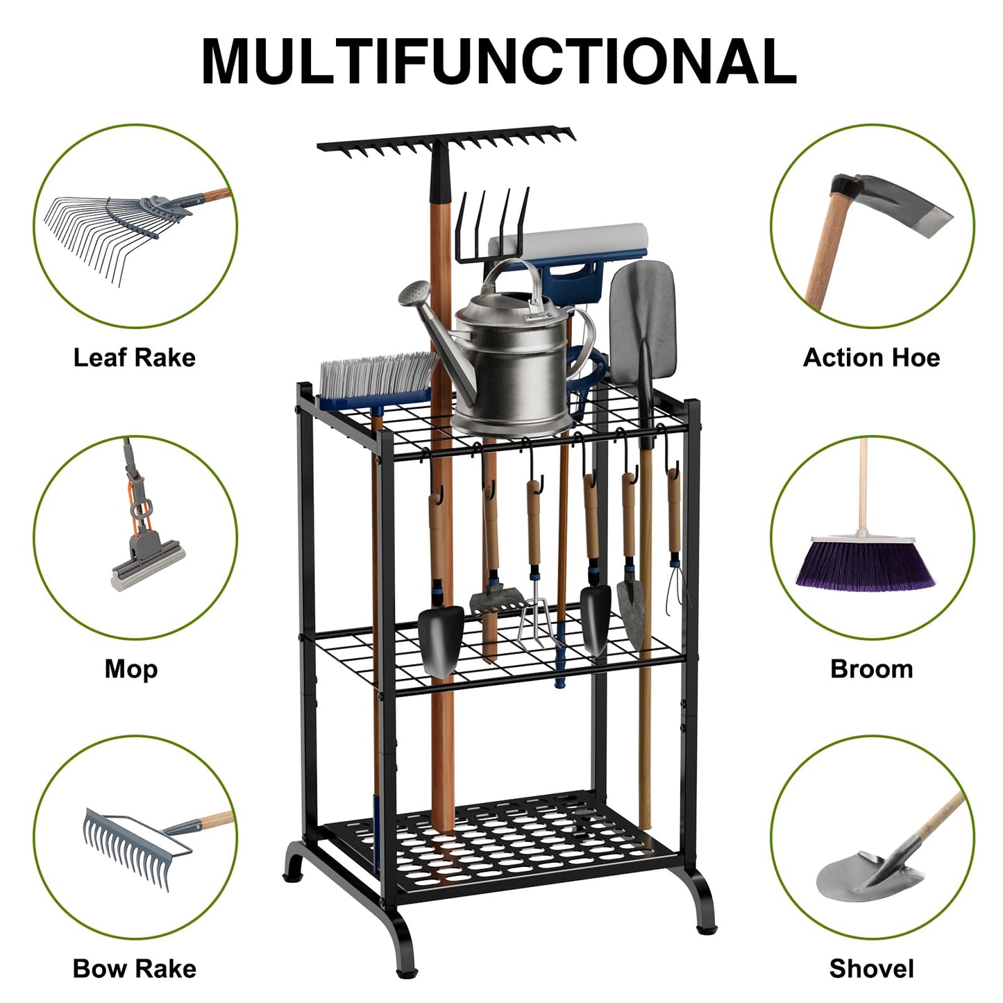 RANXFLOAT Garden Tool Organizer with Storage Hooks, Yard Tool Tower Rack for Garage Organization and Storage, Up to 35 Long-Handled Tools, Metal Tool Holder with 6 Hooks, Black