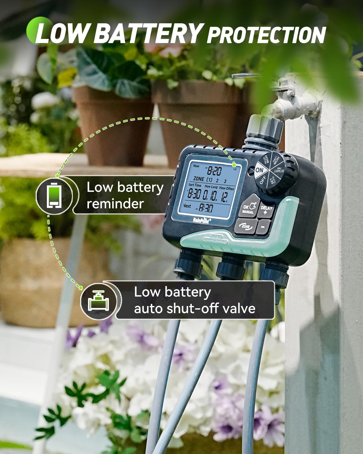 RAINPOINT Sprinkler Timer 3 Zone, Programmable Water Timer for Watering with Automatic/Manual/Rain Delay/Watering Mode, IP65 Waterproof, Large LCD