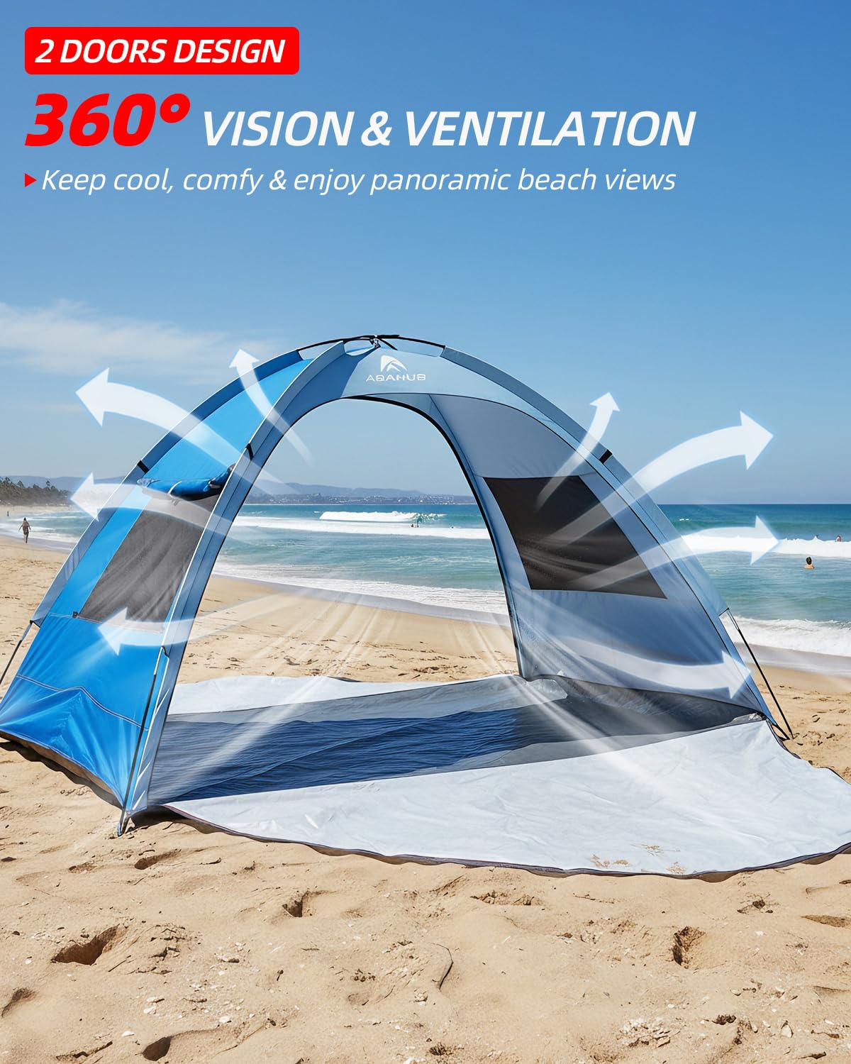 Abahub 3-Person Beach Tent Sun Shelter, UPF 50+ UV Protection Portable Sun Shade with 2 Doors and 2 Mesh Windows, Lightweight Beach Cabana for Beach, Camping, Fishing & Outdoor Activities