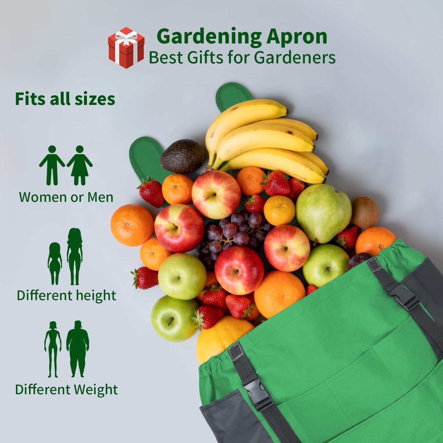 Garden Harvest Apron, Patioland Green Adjustable Fruit Picking Apron w/Bottom Release Pocket,Gardening Apron with Gloves for Women & Men, Fruit Picking and Foraging Apron for Gardeners,Gardening Gifts