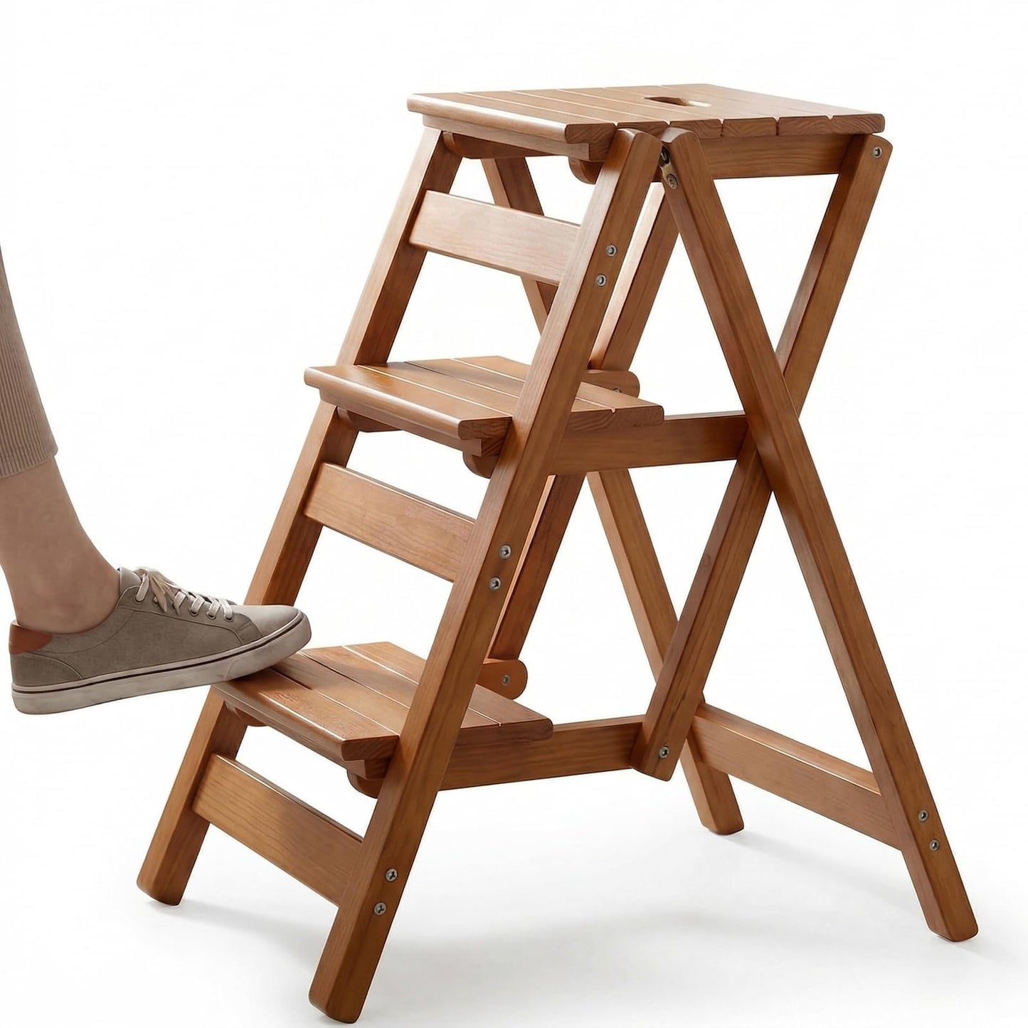 Step Stool for Adults/Step Ladder/Counter Chair, 3-Step Folding Portable Wooden Step Stool, Anti-Slip & Lightweight (Nut - Brown)