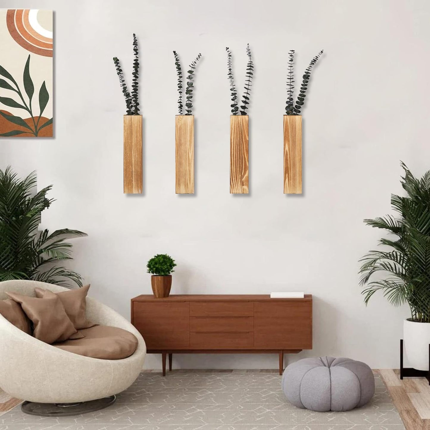 Sawoake Wooden Wall Planter Set of 4 - Modern Home Decor for Living Room, Bedroom, Bathroom - Brown Finish Planter for Dried Flowers, Faux Greenery, Indoor Plants